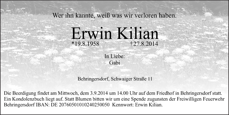  Traueranzeige für Erwin Kilian vom 30.08.2014 aus Pegnitz-Zeitung